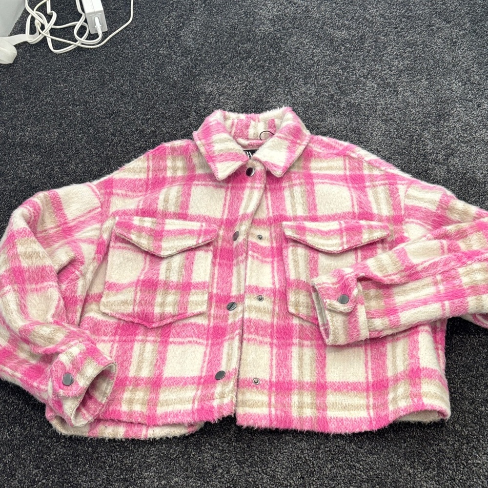 Zara cropped Pink and Cream Plaid Jacket